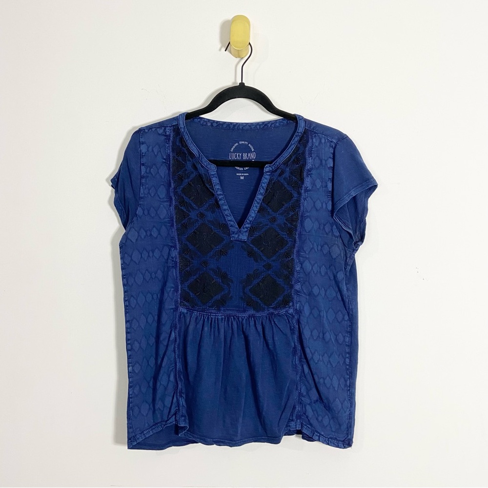 Lucky Brand Blue Embroidered Split Crewneck Short Sleeve Top